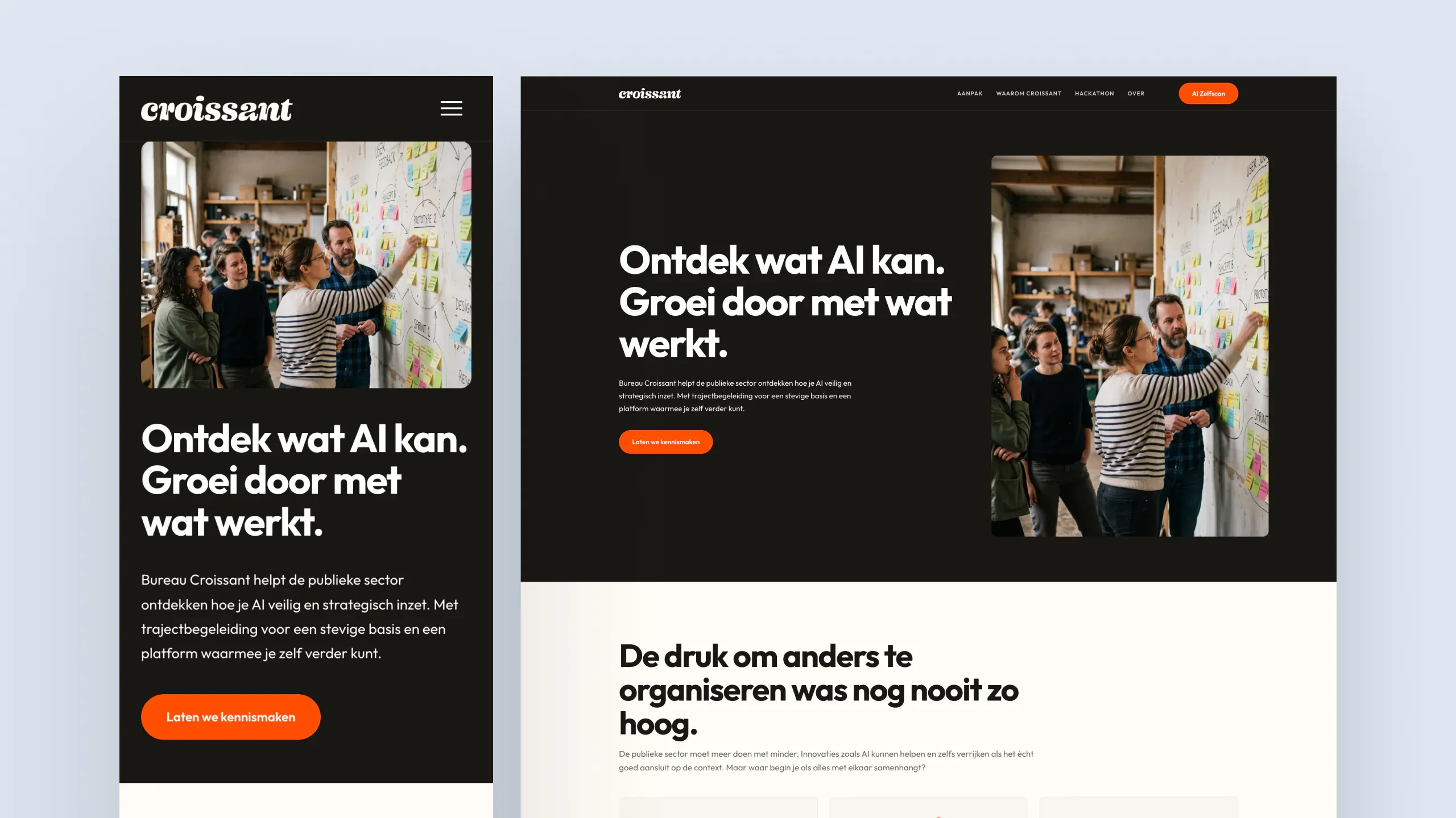 Bureau Croissant website — mobile and desktop mockups side by side, showing the dark homepage with 'Ontdek wat AI kan. Groei door met wat werkt.' headline and orange call-to-action button