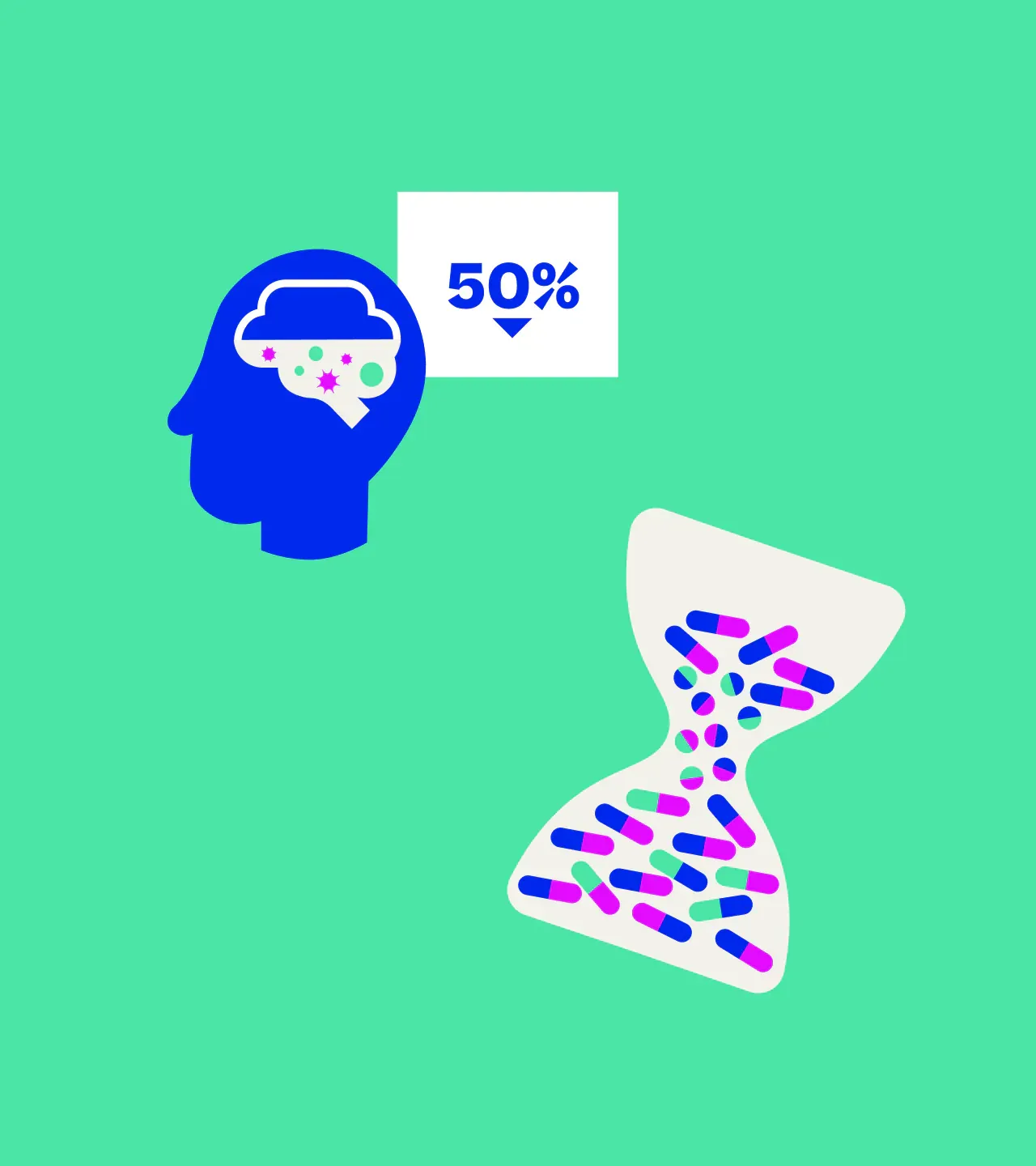 Two icon close-ups — a blue brain silhouette with 50% indicator showing reduced dopamine production, and an hourglass filled with colourful capsules suggesting treatment over time
