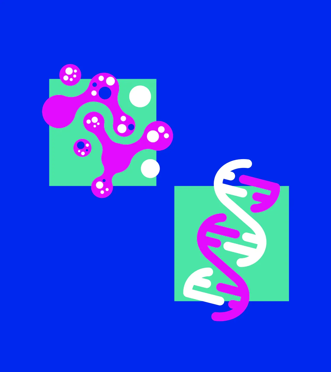 Two icon close-ups — a magenta cell-cluster on green representing alpha-synuclein protein clumping, and a magenta DNA double helix on green representing genetic causes