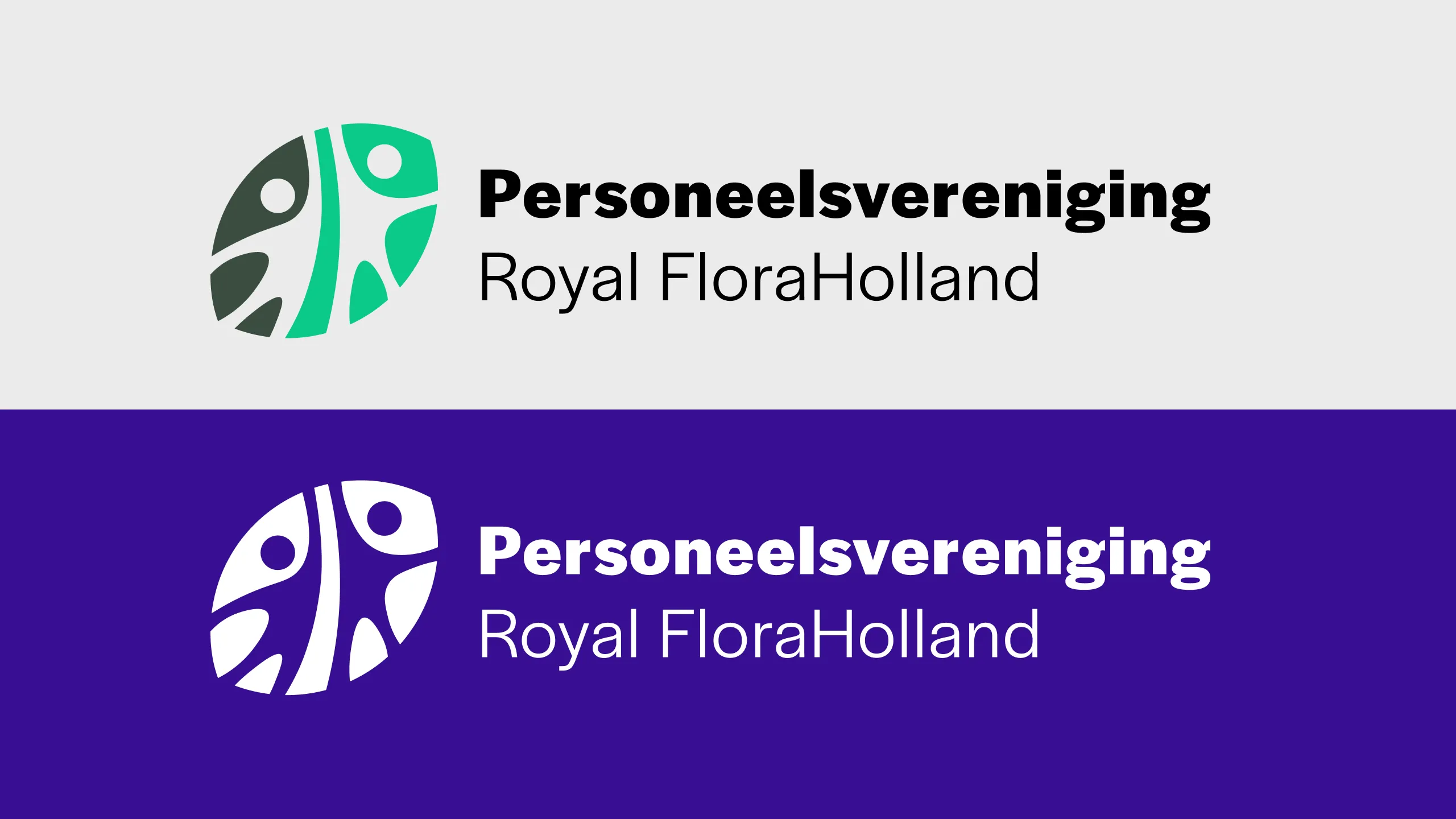 The chosen logo in final application — 'Personeelsvereniging Royal FloraHolland' with the two-tone green mark on light grey, and the inverse white mark on purple