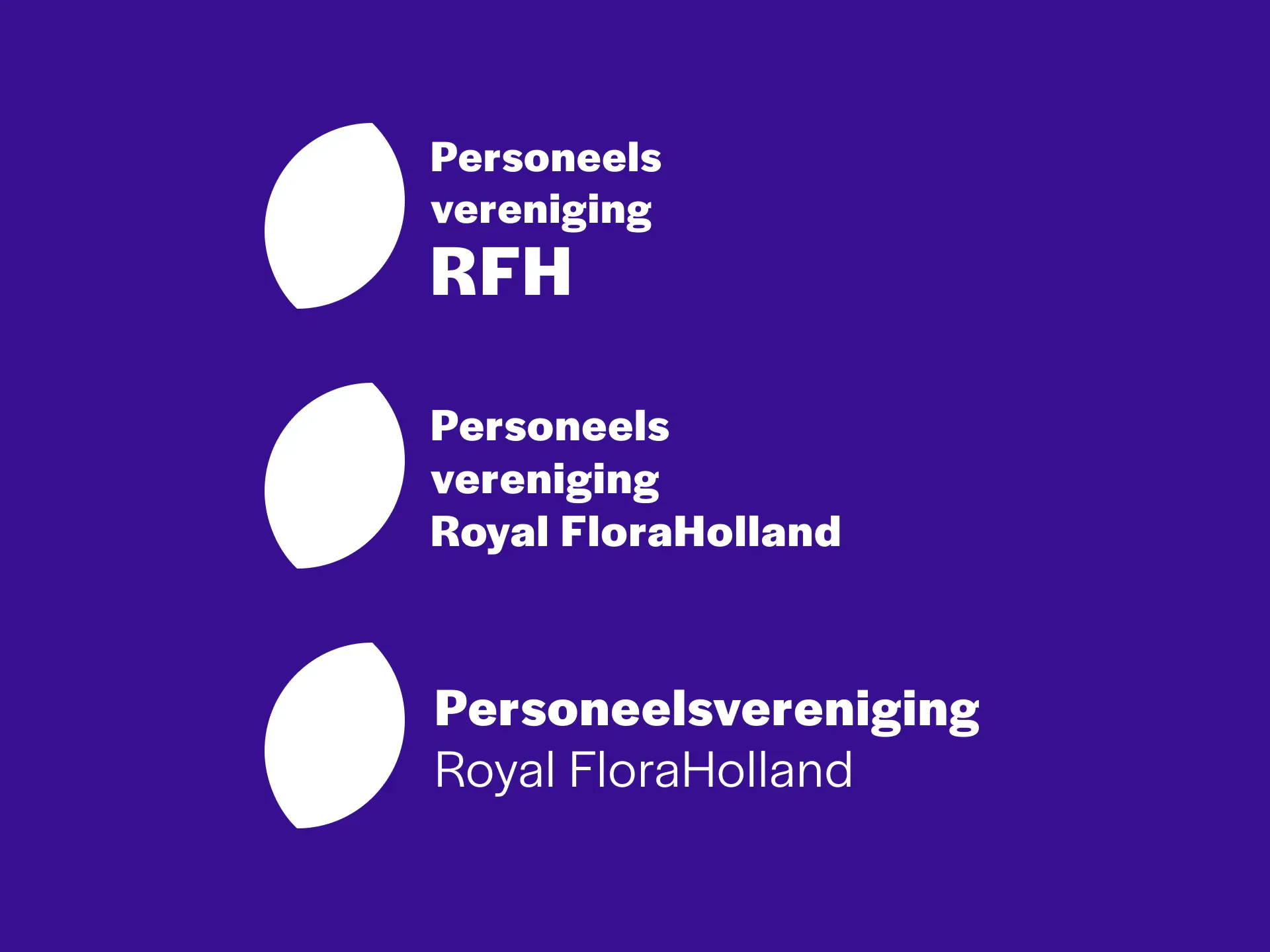 Layout explorations — three 'Personeelsvereniging Royal FloraHolland' lockup variations on deep purple, exploring different text and symbol arrangements