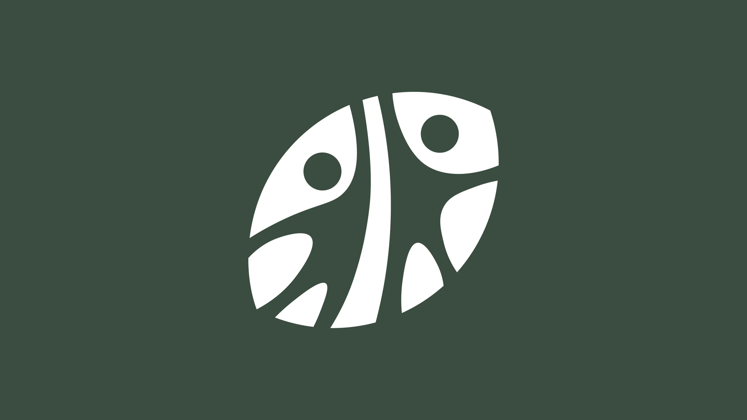 The preferred concept — a white filled floral mark on deep forest green, reading simultaneously as a leaf, a bloom, and two people at the heart of the organisation