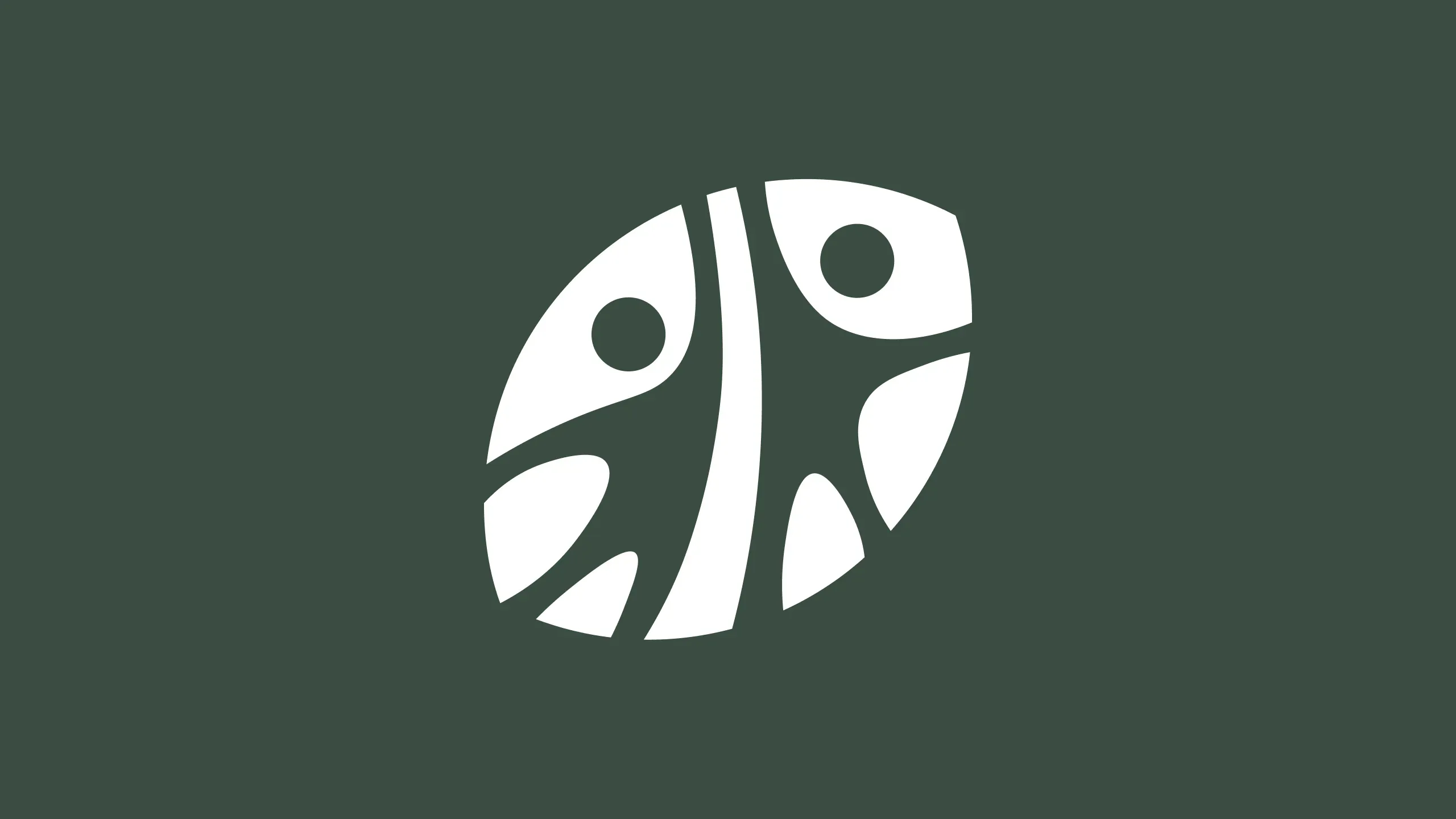 The preferred concept — a white filled floral mark on deep forest green, reading simultaneously as a leaf, a bloom, and two people at the heart of the organisation