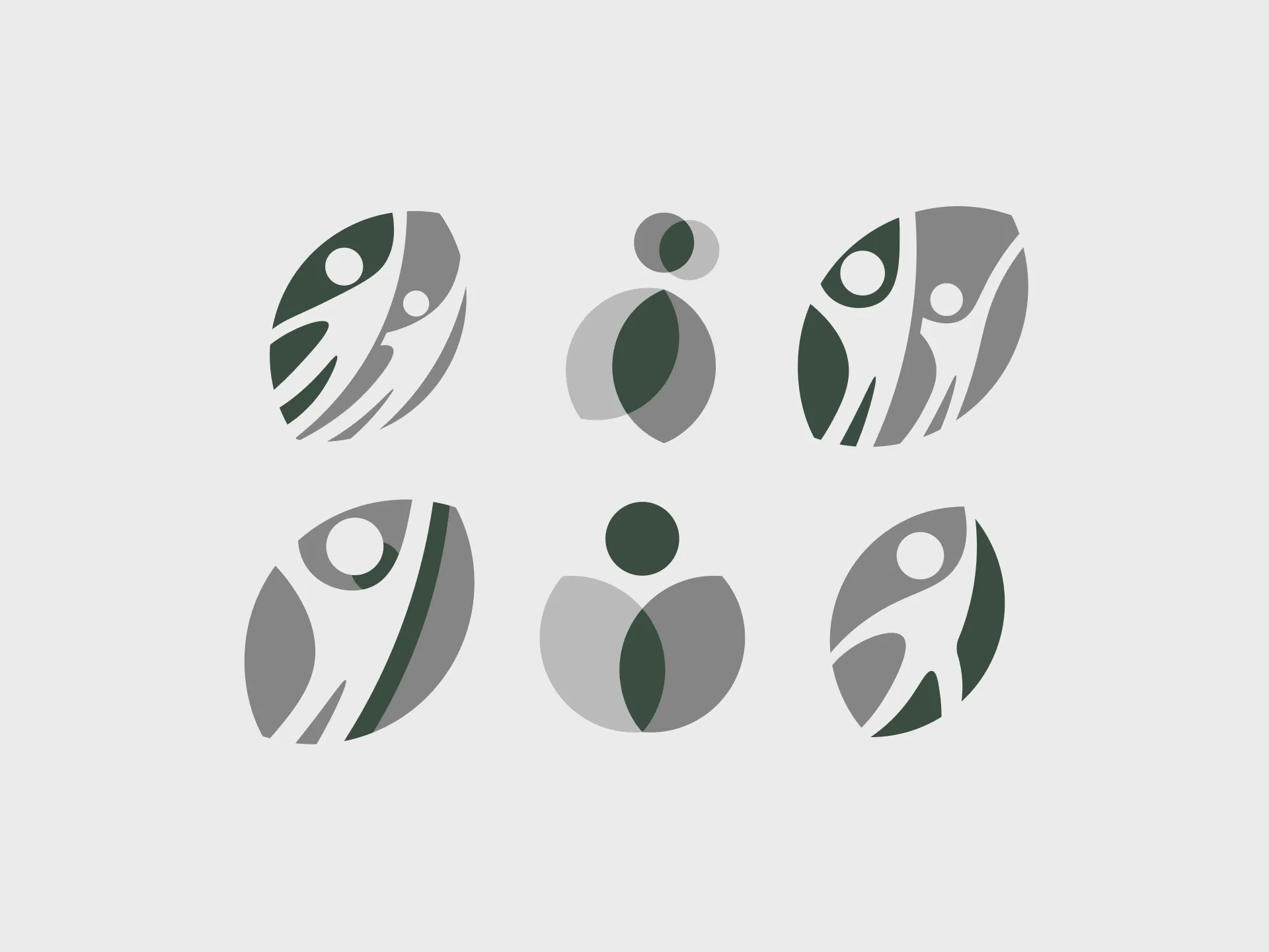 Six refined logo concepts in forest green and grey — filled forms exploring the intersection of growth, bloom, and human figure