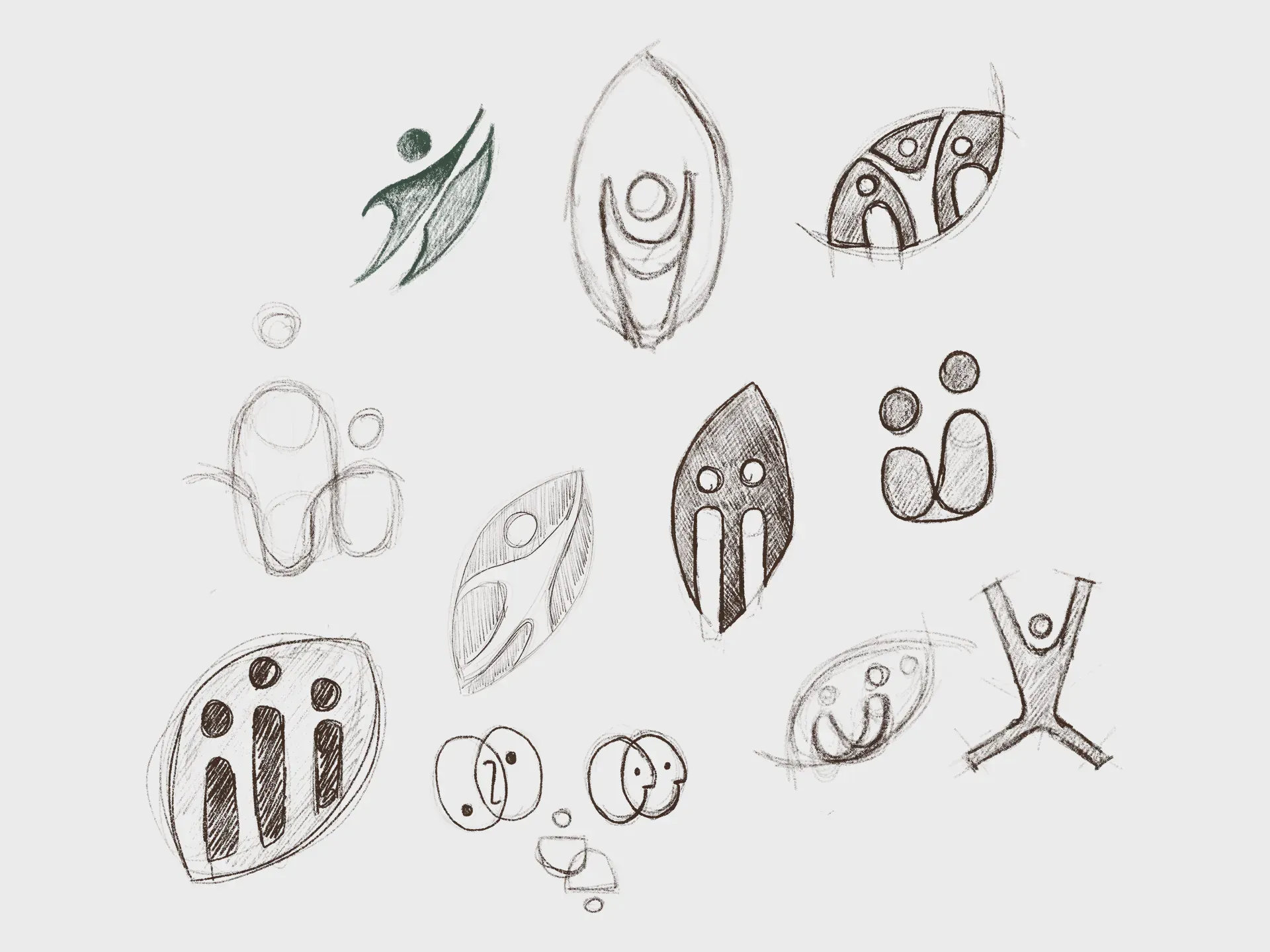 Hand-sketched logo explorations — pencil drawings across different directions, from figurative marks to botanical forms and abstract combinations