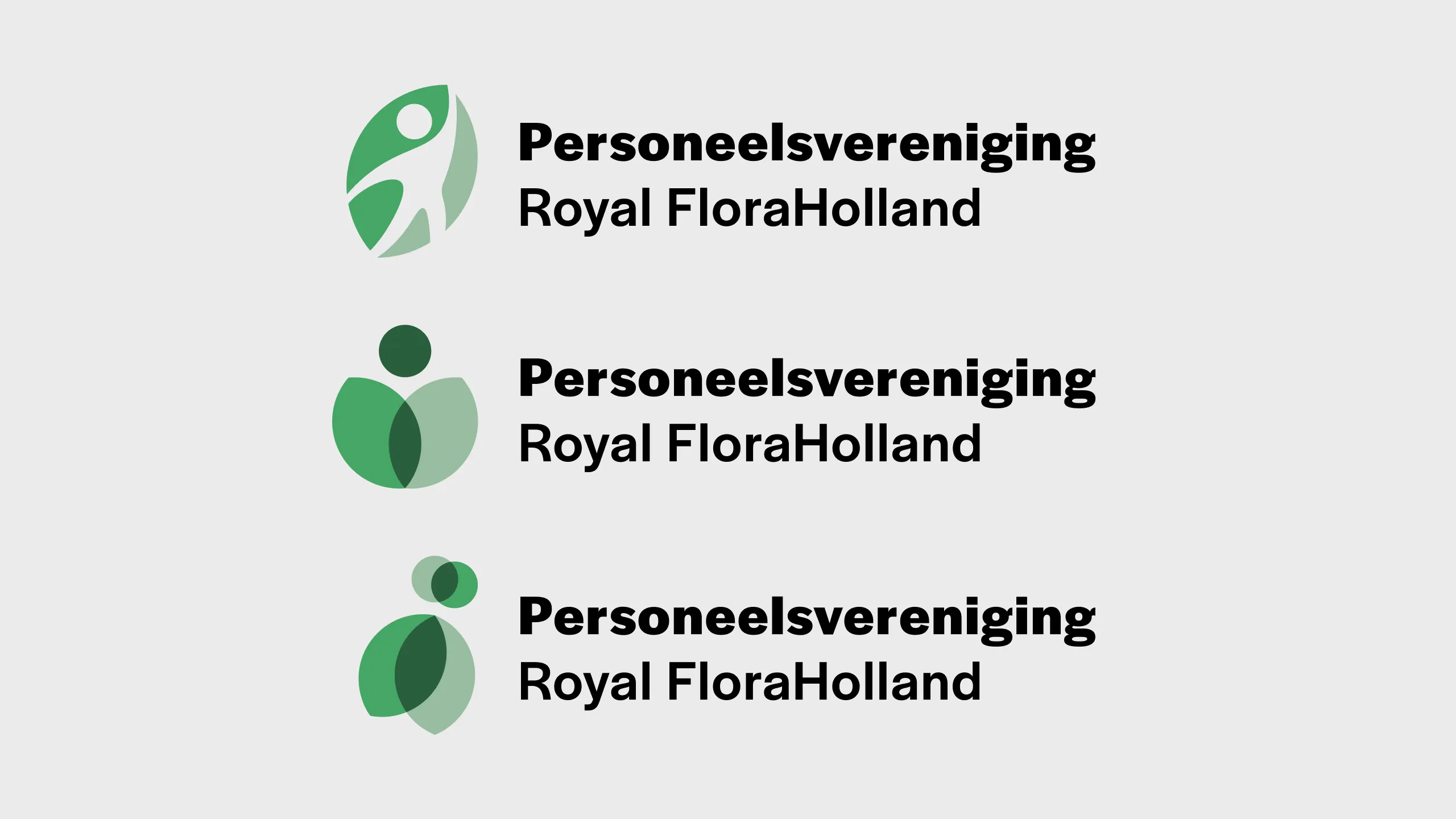 The preferred concept lockups — three 'Personeelsvereniging Royal FloraHolland' variations in green on light grey, each with a different filled-form mark from the designer's proposal