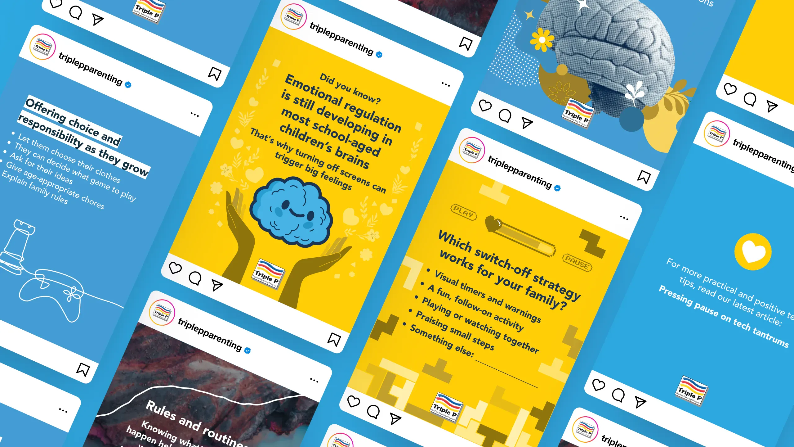 Overview of the three HUB campaigns — tiles from screen time, parenting conflict, and perfectionism shown together