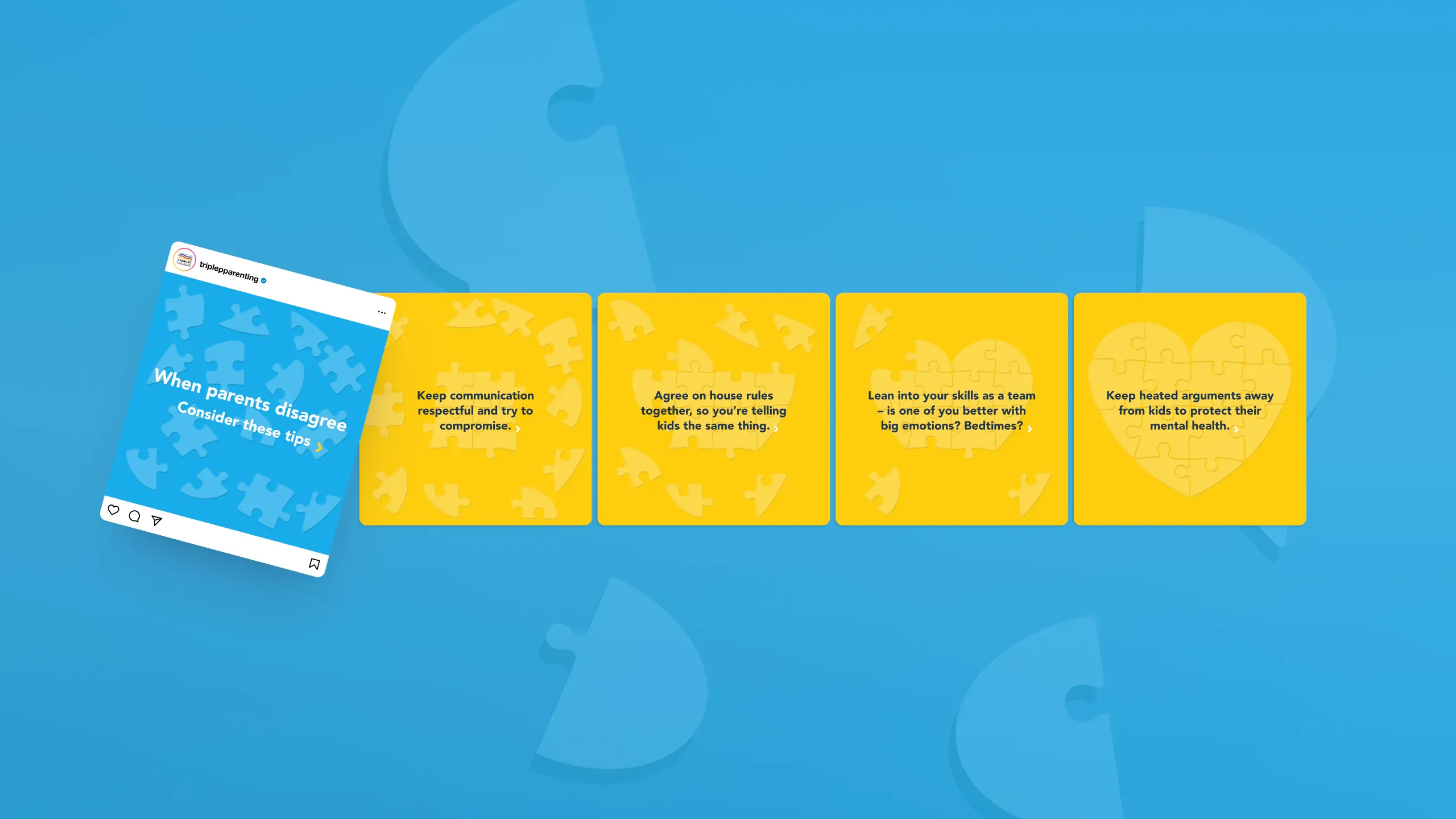 Parenting conflict campaign — yellow tile sequence with heart-shaped puzzle pieces scattered across the background