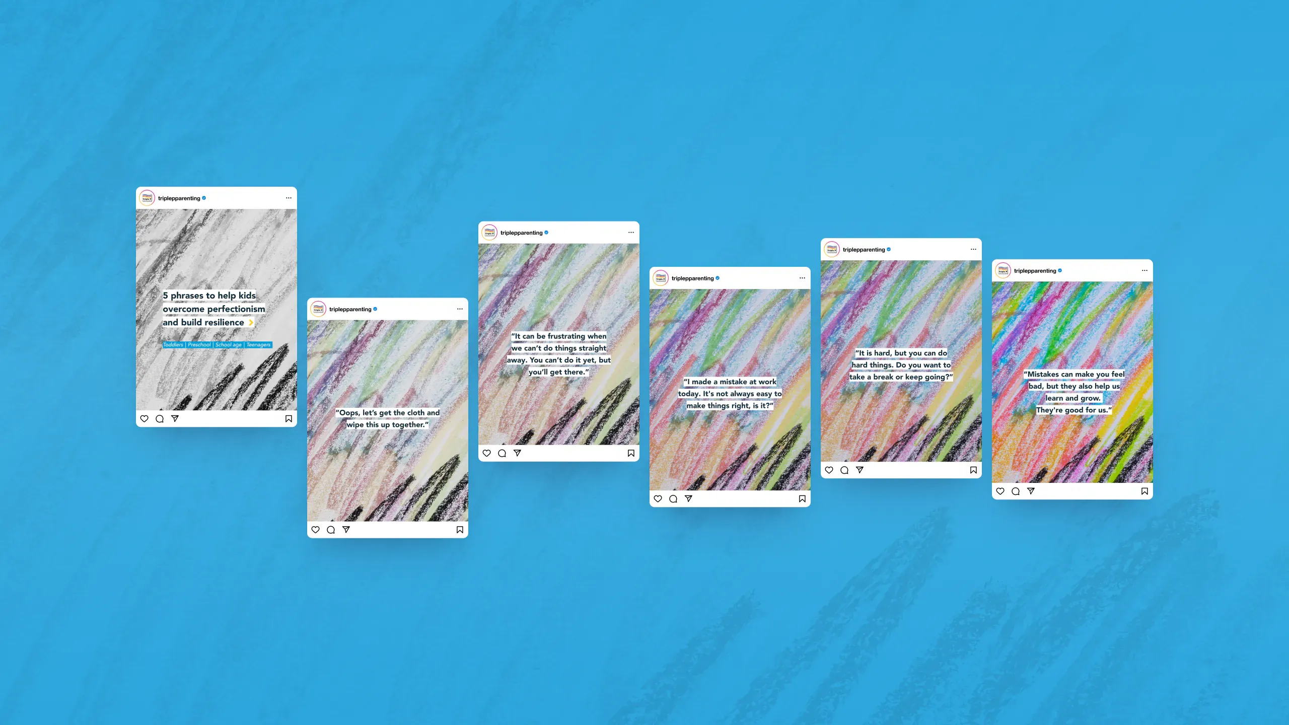 Perfectionism and anxiety campaign — six tiles progressing from black-and-white deliberate marks to fully saturated, expressive colour