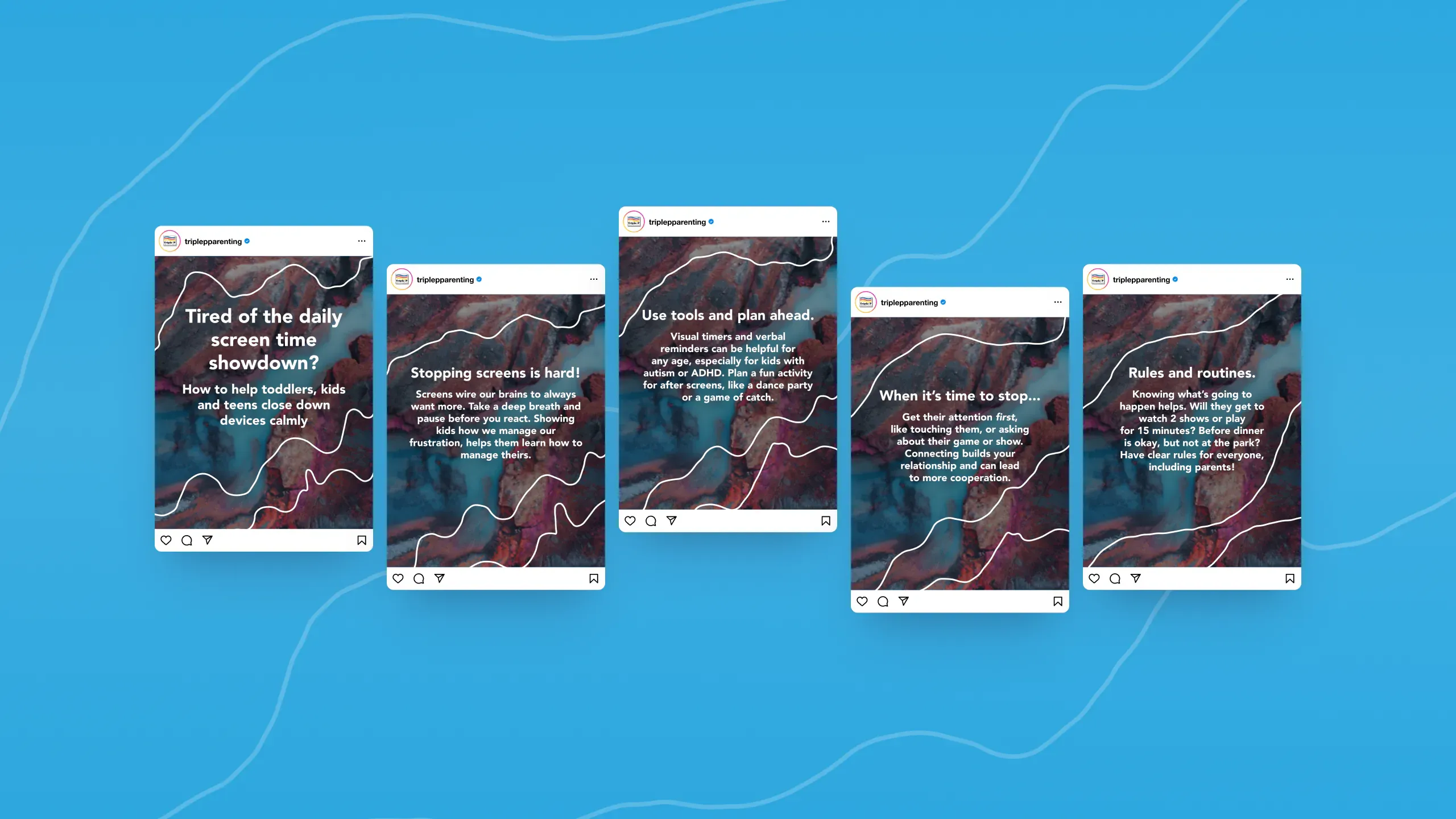 Screen time campaign — five tiles in sequence, white currents flowing across an abstract river background that settles as the series progresses
